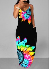 ROTITA Black Floral Print Spaghetti Strap Maxi Dress