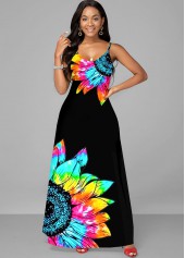 Black dresses,Floral dresses,ROTITA Black Floral Print Spaghetti Strap Maxi Dress