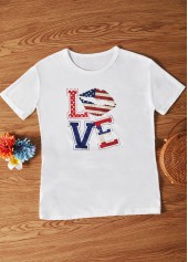 White tops,Flag tops,American Flag Print White Round Neck T Shirt