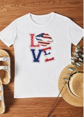 American Flag Print White Round Neck T Shirt