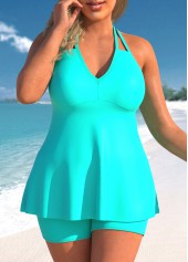 ROTITA Cyan Plus Size Double Straps Halter Tankini Set