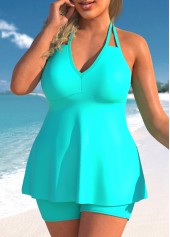 Cyan plus size,Plain Color plus size,ROTITA Cyan Plus Size Double Straps Halter Tankini Set