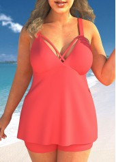 ROTITA Plus Size Coral Red Cross Strap Tankini Set