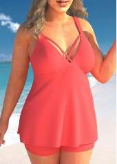 Coral plus size,Plain Color plus size,ROTITA Plus Size Coral Red Cross Strap Tankini Set