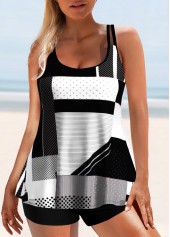 Black swimwear,Geometric swimwear,ROTITA Geometric Print Black Double Straps Tankini Top