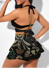 Black swimwear,Paisley swimwear,ROTITA Layered Ruffle Hem Front Cross High Waisted Bikini Set