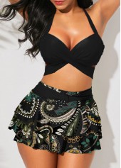 Black swimwear,Paisley swimwear,ROTITA Layered Ruffle Hem Front Cross High Waisted Bikini Set