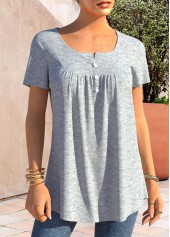 Light Grey Marl tops,Plain Color tops,ROTITA Grey Marl Split Neck Short Sleeve T Shirt