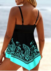 Cyan swimwear,Tribal swimwear,ROTITA Cyan Asymmetric Hem Tribal Print Swimdress Top