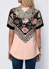 Light Pink tops,Floral tops,ROTITA Floral Print Light Pink Split Neck T Shirt