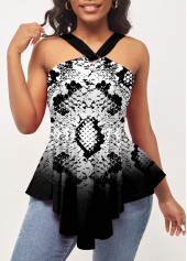 ROTITA Animal Pattern Ombre Asymmetric Hem Black T Shirt