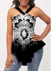 Black tops,Animal Print tops,ROTITA Animal Pattern Ombre Asymmetric Hem Black T Shirt