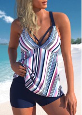 ROTITA Cross Strap Striped Multi Color Tankini Set