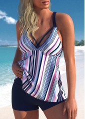 Multi Color swimwear,Striped swimwear,ROTITA Cross Strap Striped Multi Color Tankini Set