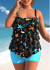 ROTITA Marine Life Print Plus Size Layered Hem Tankini Set