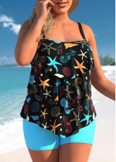 Multi Color plus size,Animal Print plus size,ROTITA Marine Life Print Plus Size Layered Hem Tankini Set
