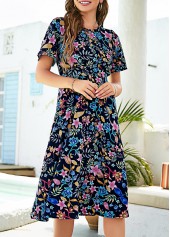 Floral dresses,Floral Print Open Back Navy Blue Dress
