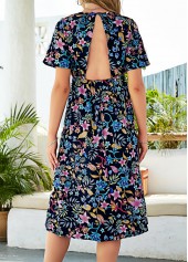 Floral dresses,Floral Print Open Back Navy Blue Dress