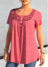 Pink tops,Plain Color tops,ROTITA Lace Stitching Pink Short Sleeve T Shirt