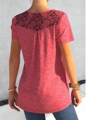 Pink tops,Plain Color tops,ROTITA Lace Stitching Pink Short Sleeve T Shirt