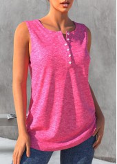 Pink tops,Plain Color tops,ROTITA Button Detail Pink Split Neck Tank Top