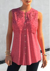 ROTITA Pink Lace Stitching Button Up Tank Top