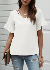 White tops,Plain Color tops,White Cutout Pearl Design T Shirt
