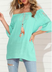 Green tops,Plain Color tops,Feathers Design Mint Green Hollow Out T Shirt