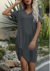 Dark Grey dresses,Plain Color dresses,V Neck Brown Twist Front Dress