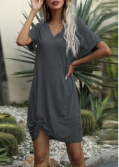 V Neck Brown Twist Front Dress