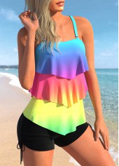 Rainbow Color swimwear,Ombre swimwear,ROTITA Layered Hem Rainbow Print Tankini Top