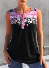 ROTITA Floral Print Black Split Neck Tank Top