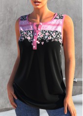 Black tops,Ditsy Floral tops,ROTITA Floral Print Black Split Neck Tank Top