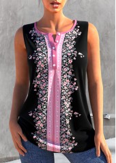 ROTITA Black Floral Print Split Neck Tank Top