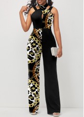 ROTITA Black Cross Halter Animal Pattern Jumpsuit
