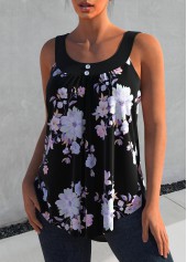 Black tops,Ditsy Floral tops,ROTITA Floral Print Decorative Button Black Tank Top