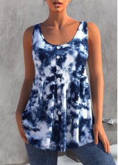 ROTITA Tie Dye Print Decorative Button Blue Tank Top