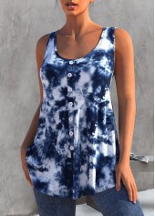 Blue tops,Tie Dye tops,ROTITA Tie Dye Print Decorative Button Blue Tank Top
