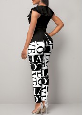 Black jumpsuits & rompers,Letter jumpsuits & rompers,ROTITA Letter Print Short Sleeve Black Jumpsuit