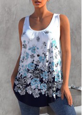 White tops,Floral tops,ROTITA White Floral Print Round Neck Tank Top