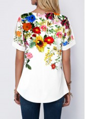 White tops,Floral tops,ROTITA Floral Print Split Neck White T Shirt