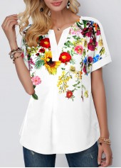 White tops,Floral tops,ROTITA Floral Print Split Neck White T Shirt