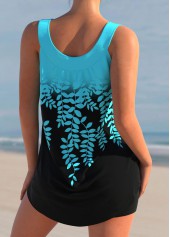 Multi Color swimwear,Plants swimwear,ROTITA Cyan Leaf Print Ombre Color Block Tankini Top