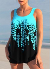 Multi Color swimwear,Plants swimwear,ROTITA Cyan Leaf Print Ombre Color Block Tankini Top