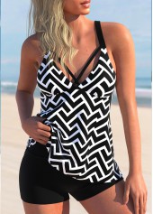 ROTITA Geometric Print Cross Strap Black Tankini Top-No Bottom