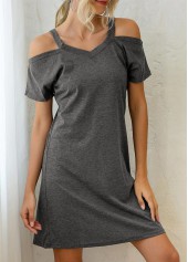 Dark Grey dresses,Plain Color dresses,Strappy Cold Shoulder Dark Grey Short Sleeve Dress