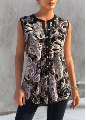 Black tops,Paisley tops,ROTITA Black Paisley Print Split Neck Tank Top