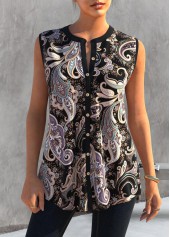 ROTITA Black Paisley Print Split Neck Tank Top