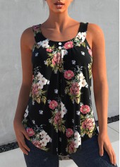 ROTITA Floral Print Wide Strap Black Tank Top