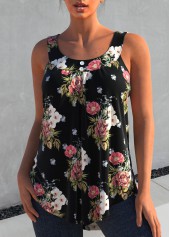 Black tops,Floral tops,ROTITA Floral Print Wide Strap Black Tank Top
